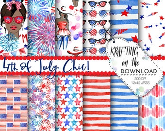 watercolor 4th of july paper watercolor fourth of july paper pack watercolor summer fashion papers july fashion paper pack medium skin tone