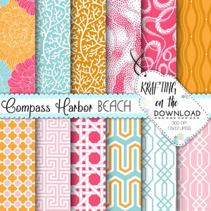 Summer Beach Digital Paper Pack Tropical Resort Digital Papers Pink and Orange, Teal Scrapbooking Pink Flower Digital Paper Instant Download