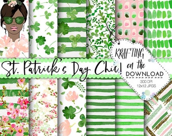 watercolor st patricks day digital paper watercolor st patrick's day paper pack watercolor shamrock papers medium skin tone