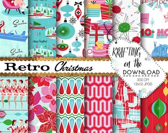 retro navidad paquete de papel de mediados de siglo navidad navidad moderna papel digital santa bebé paquete de papel retro planificador chica paquete de papel aqua rojo