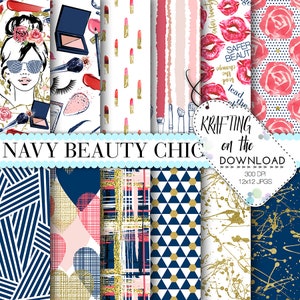 Könnte beinhalten: Ein Set mit 12 digitalen Papiermustern in Marineblau, Gold und Rosa. Die Muster umfassen geometrische Formen, Streifen und abstrakte Designs. Der Text "KRAFTING on the DOWNLOAD" ist im Bild sichtbar.