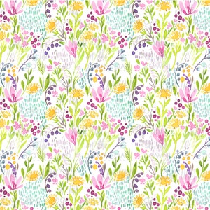 May include: A seamless pattern featuring a watercolor illustration of a field of flowers in shades of pink, yellow, green, and blue. The flowers are arranged in a random pattern and are set against a white background.