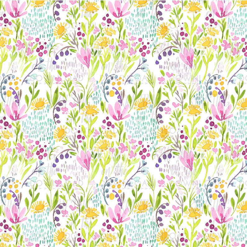 May include: A seamless pattern featuring a watercolor illustration of a field of flowers in shades of pink, yellow, green, and blue. The flowers are arranged in a random pattern and are set against a white background.