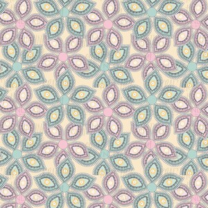 May include: A seamless pattern featuring a repeating design of stylized flowers with pink, teal, and yellow accents on a light beige background.