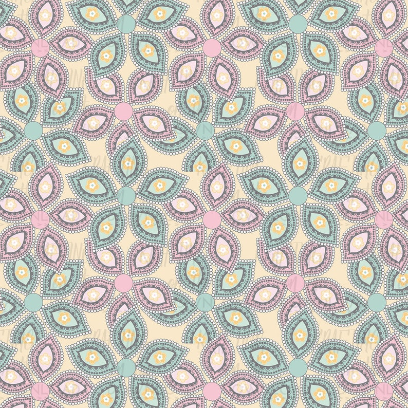 May include: A seamless pattern featuring a repeating design of stylized flowers with pink, teal, and yellow accents on a light beige background.