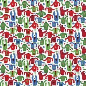 May include: A seamless pattern featuring a variety of colorful Christmas sweaters with different designs, including candy canes, snowflakes, and Christmas trees. The sweaters are arranged in a repeating pattern on a white background.