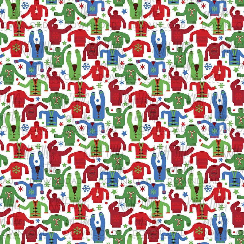 May include: A seamless pattern featuring a variety of colorful Christmas sweaters with different designs, including candy canes, snowflakes, and Christmas trees. The sweaters are arranged in a repeating pattern on a white background.