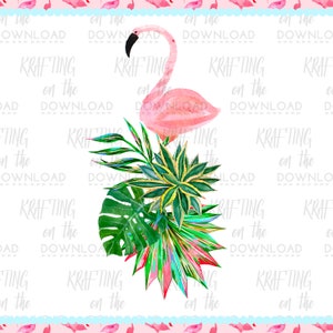 May include: Watercolor illustration of a pink flamingo with a black beak, perched above tropical foliage. The design includes green monstera leaves, and other colorful plants. The text "KRAFTING on the DOWNLOAD" is repeated.
