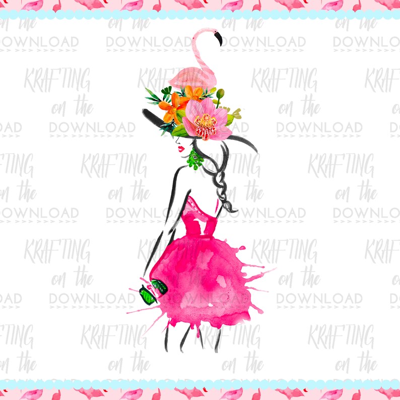 May include: Watercolor illustration of a woman in a pink dress and a black hat adorned with a flamingo and flowers. The image has the text "KRAFTING on the DOWNLOAD" repeated across the background.