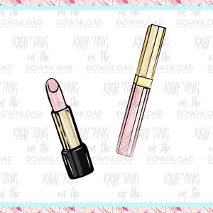May include: Two makeup products, a pink lipstick and a clear lip gloss with a gold cap. Both products are drawn in a cartoon style.