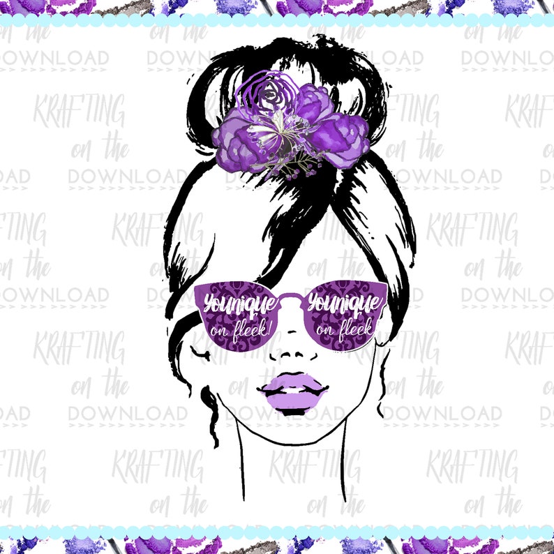 Puede incluir: Ilustraci&oacute;n en blanco y negro de una mujer con mo&ntilde;o, con gafas de sol moradas con el texto "Younique on fleek!". Tiene labios morados y una flor morada en el pelo. Dise&ntilde;o digital.