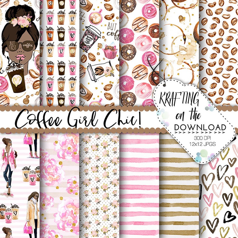 watercolor coffee paper pack watercolor coffee digital paper coffee paper pack watercolor coffee girl medium skin tone planner girl papers image 1