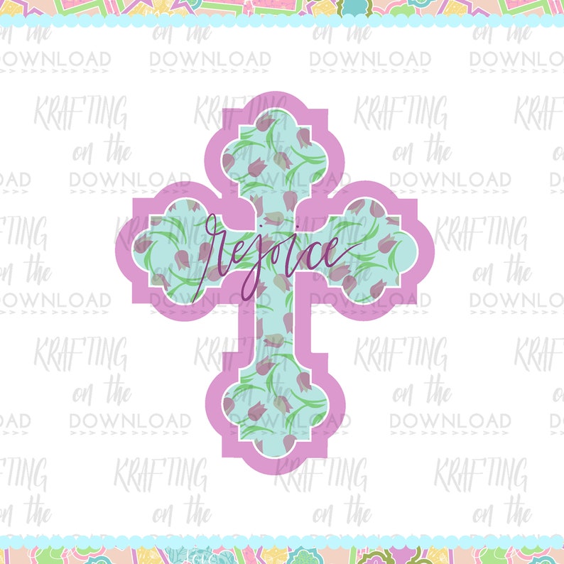 Puede incluir: Una cruz rosa con un patr&oacute;n floral azul claro y la palabra "Regocijaos" escrita en cursiva.