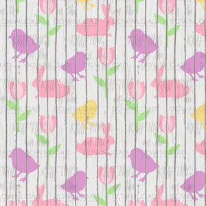 May include: A seamless pattern featuring pink bunnies, yellow chicks, purple birds, and pink tulips on a white woodgrain background.
