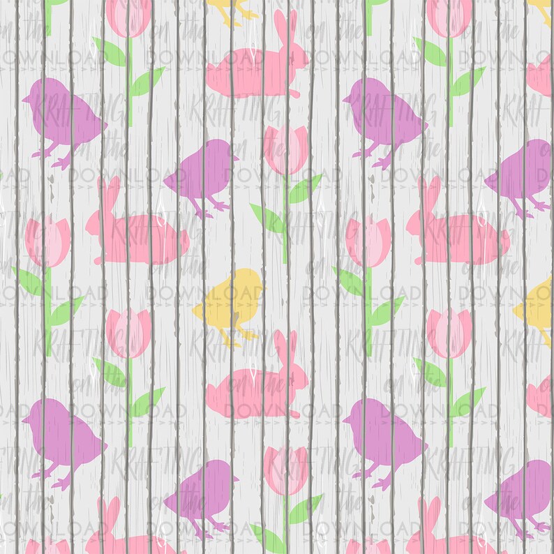 May include: A seamless pattern featuring pink bunnies, yellow chicks, purple birds, and pink tulips on a white woodgrain background.