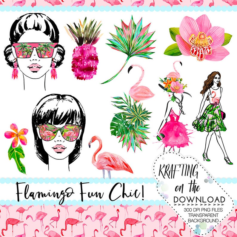 May include: Watercolor illustrations featuring a flamingo theme. Includes images of flamingos, tropical plants, women wearing sunglasses, and a woman in a pink dress. The text "Flamingo Fun Chic!" is also present.