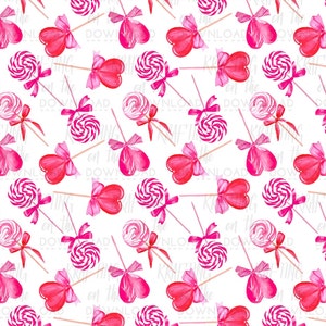May include: A seamless pattern featuring pink and white heart-shaped lollipops and swirl lollipops on white background. The lollipops have pink bows and are on sticks.