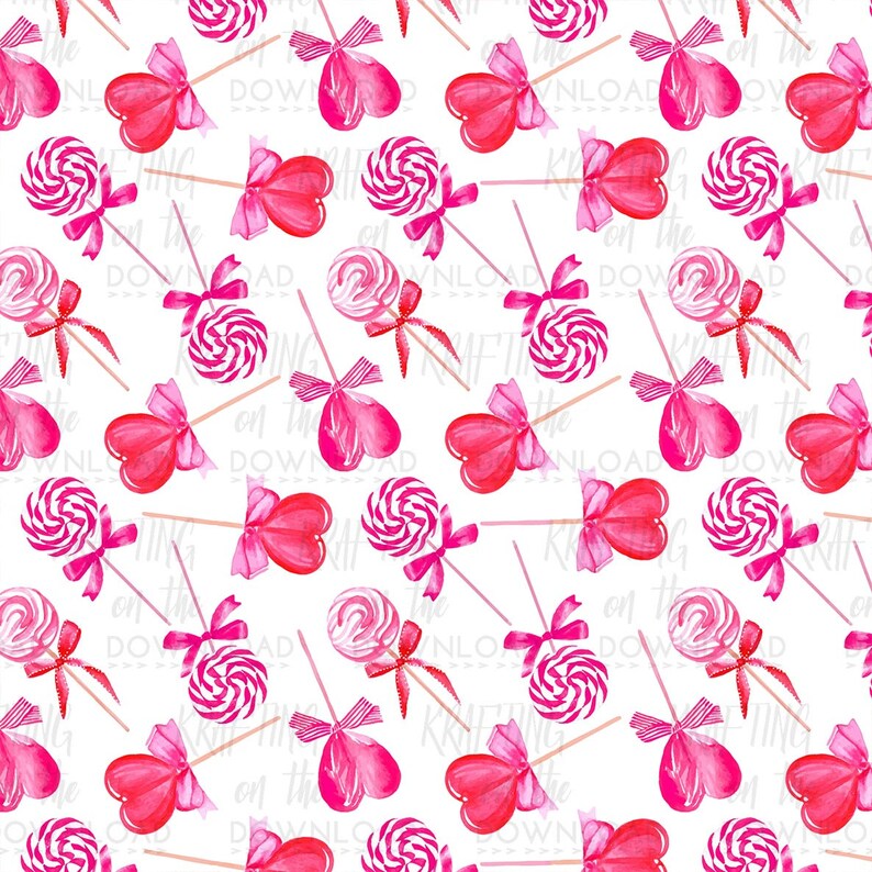 May include: A seamless pattern featuring pink and white heart-shaped lollipops and swirl lollipops on white background. The lollipops have pink bows and are on sticks.