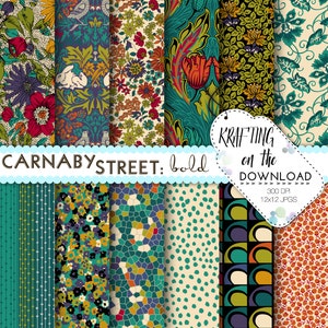 May include: A set of 12 digital paper patterns in a bold, retro style. The patterns feature a variety of colors, including teal, orange, yellow, and red. The patterns are perfect for scrapbooking, card making, and other craft projects.  "KRAFTING on the DOWNLOAD 300 DPI 12x12 JPGS"