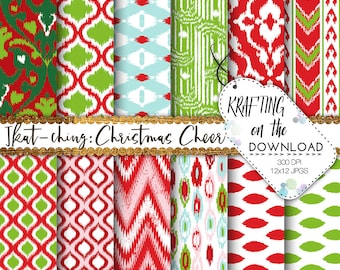 heldere kerstmis digitaal papier ikat papier pakket vakantie kleuren kerstmis rood en groen ikat digitale papieren kerstrooster achtergrond