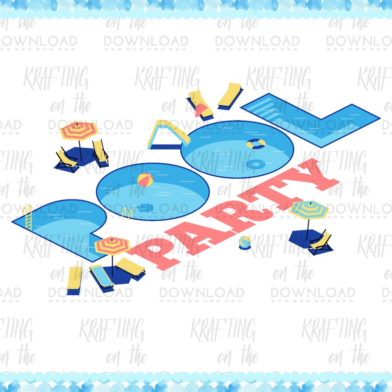 May include: Pool party invitation with a blue pool, a pink "Pool Party" banner, and yellow and blue beach chairs and umbrellas.