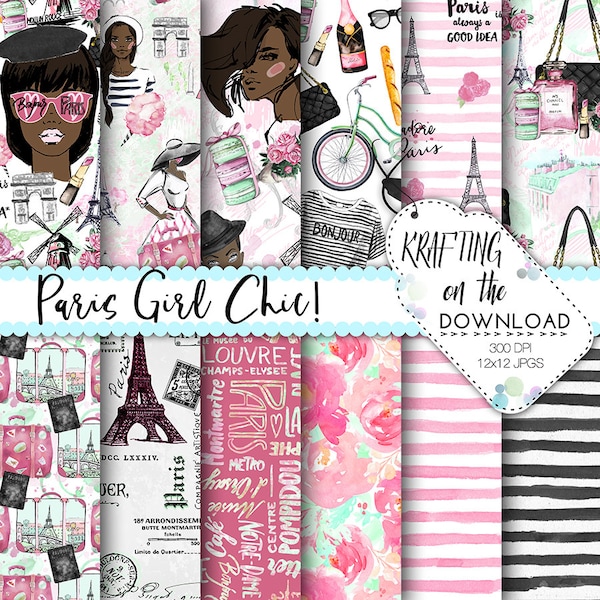 paris paper pack watercolor paris african american planner girl paper pack paris girl paper pack watercolor paris digital paper eiffel tower