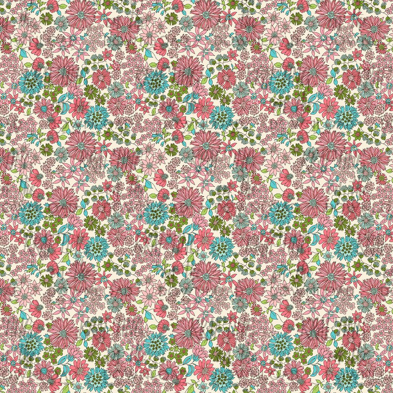 May include: A seamless pattern featuring a variety of pink, blue, and green flowers on a cream background. The floral pattern is perfect for fabric, wallpaper, or other decorative projects.