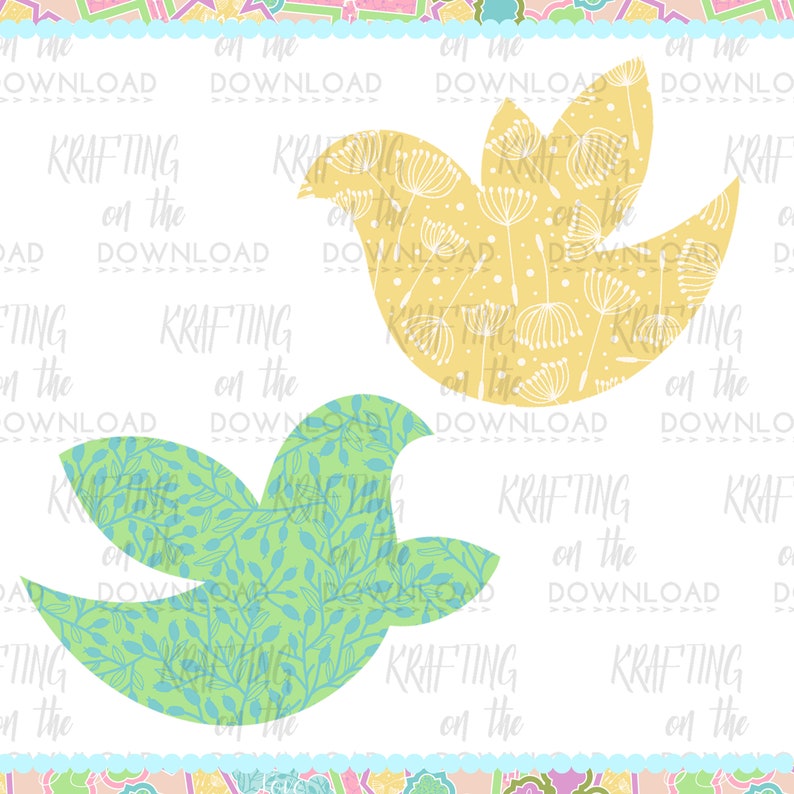 Puede incluir: Dos p&aacute;jaros recortados en papel con un patr&oacute;n floral. Un p&aacute;jaro es amarillo con un patr&oacute;n de diente de le&oacute;n blanco y el otro es verde con un patr&oacute;n de hojas azules.