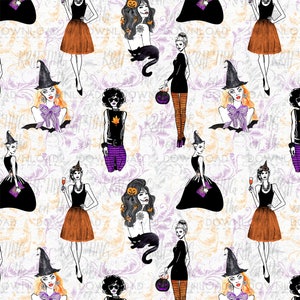 May include: A seamless pattern featuring various Halloween-themed illustrations of women in different costumes and poses. The background is a white and purple floral pattern. The women are dressed as witches, vampires, and other spooky characters.