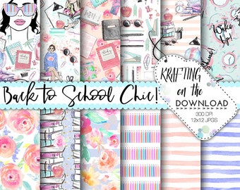 back to school paper pack watercolor planner girl paper pack school girl paper pack watercolor school digital paper college girl papers