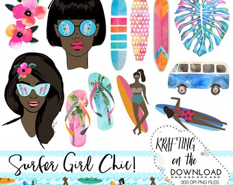 watercolor surf girl clipart png file watercolor surfer girl art set watercolor summer african american planner girl png clip art files