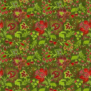 Puede incluir: Un patr&oacute;n sin costuras con un dise&ntilde;o repetitivo de flores rojas, verdes y amarillas sobre un fondo verde oscuro.