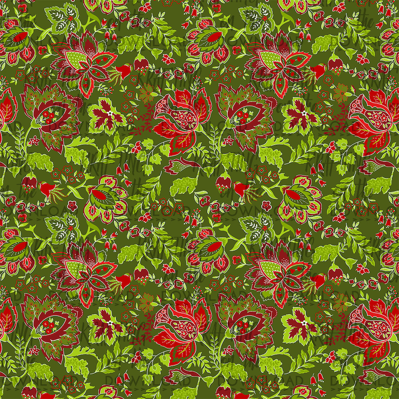 Puede incluir: Un patr&oacute;n sin costuras con un dise&ntilde;o repetitivo de flores rojas, verdes y amarillas sobre un fondo verde oscuro.