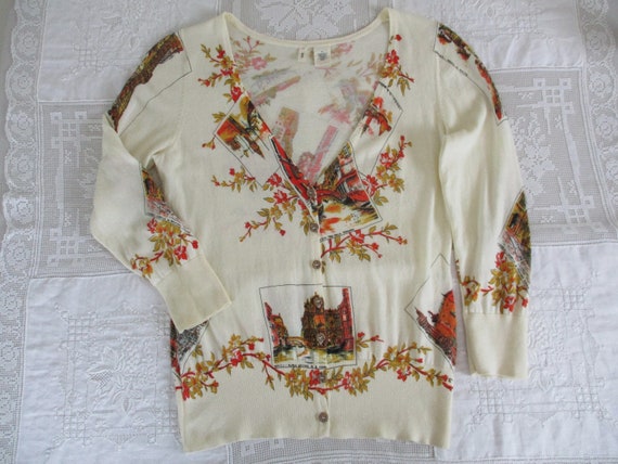 SugarShackChic Moth Anthropologie Paper-thin Cotton Cardigan Postcards from Italy Deep V Neck, 3/4 Sleeve, Size M