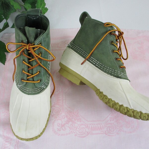 Vintage LL Bean White Rubber and Green Nubuck Leather Duck Boots, Women's size 8M, Limited Edition, Made in Maine, USA