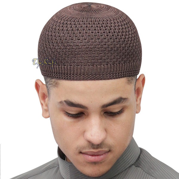 Nylon Kufi Cap - Dark Brown Open-Weave Stretchy Topi Prayer Headcover Kopiah Kofiah Skullie Skull Cap Beanie - From XS to 4X, by TheKufi®