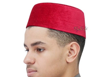 Velvet MUSLIM KUFI HAT  Maroon Rigid Fine Velvet Cap for Salah - Islamic Fashion Turkish Chechen-style Head Cover Topi Takke Fez by TheKufi®