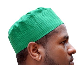 Green Pleated-top Solid Color Fabric Sturdy Kufi Prayer Skull Cap Kufi Hat Tabligh Topi Semi Tall Handmade Islamic Muslim Kopiah Headware