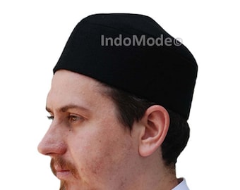 Black Faux Felt Layered Rigid ISLAMIC Fez Moor Tarboosh - Handmade Tariqah Taj MUSLIM CAP Topi Kufi Hat with Lining by TheKufi®