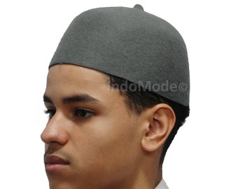 MUSLIM FEZ HAT - Grey 100% Wool Felt Moroccan-style Islamic Head Cover with Tip, Unique Kufi Prayer Cap Topi  for Salat Namaz or Eid Gift