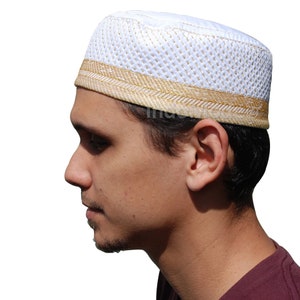 EID SPECIAL White Gold Embroidery Kufi Hat Metallic Gold-tone Embroidered Padded & Quilted Soft African Crown Skull Cap Muslim Fashion image 2