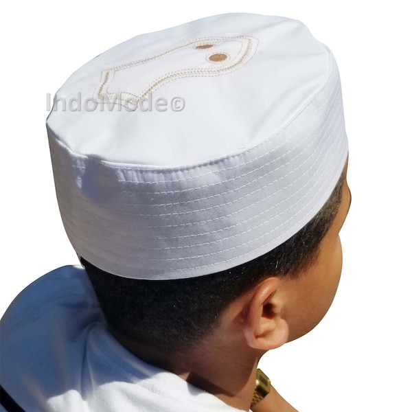 Cappello semirigido bianco semirigido Nalain Pak Shareef Muhammad Sandalo emblema islamico ricamato rotondo musulmano Kufi Topi - NAVI DALLA TURCHIA di TheKufi®