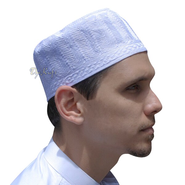 WHITE MUSLIM KUFI - "Madinah" Hat Embroidered Double-layer Fabiric 3-3.5-Inch Islamic Attire Kufi Takke Kofia Cap Topi Taqiya by TheKufi®