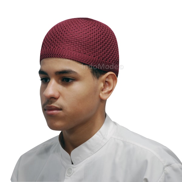 Burgundy Kufi Cap - Open-weave Nylon Knit Stretchy Headcover Hat Skull Prayer Skullie Takke Topi Taqiyah Beanie Sizes: XS to 4X by TheKufi®