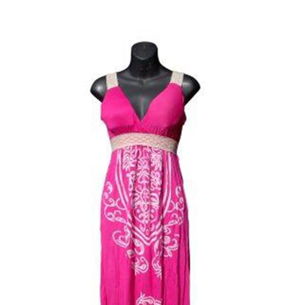 Hot Pink Sun Dress 3/4 Length Small Size Soft Jersy Fabric Halter-top Embroidery Beach Dress Accordion Elastic Back Lace See-through Midrift