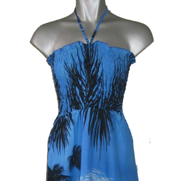 Blue and Black Palm Tree Sunset Sundress with Spaghetti Straps