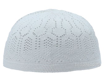 Turkish Takke Kufi Cap - White Acrylic Machine-knit Open-Work MERCAN Brand Head Cap Muslim Prayer Kufi Islamic Fashion Halal Drip Kofi