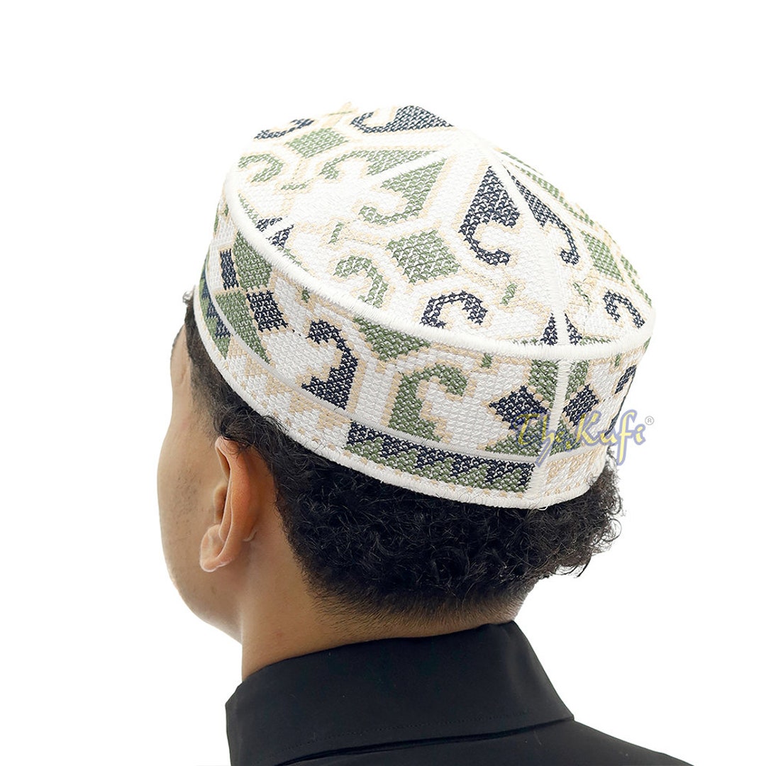Pakistani Muslim Kufi Hats White, Army Green, Navy Blue Embroidery Haji