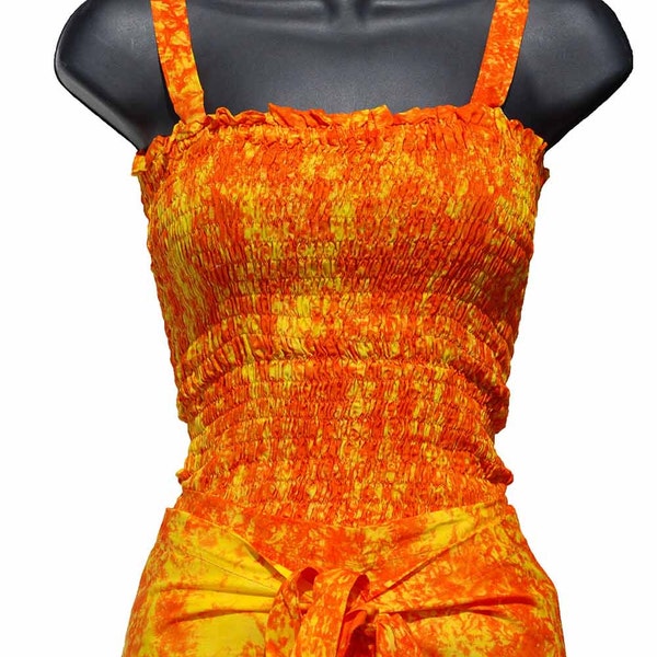 Orange Yellow Tie Dye Wrap Pants with Shirred Top One-Size Beach Wear - Traditional Hand Sew and Dye Soft Women Fresh Tropical Clothing