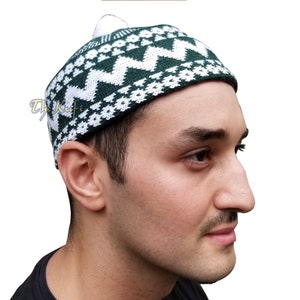 Dark Green Zigzag Beanie Kufi Hat with Pompom Top For Cold or Cool Weather Men & Boys Sizes MUSLIM FASHION Winter Hat Islamic by TheKufi® image 3